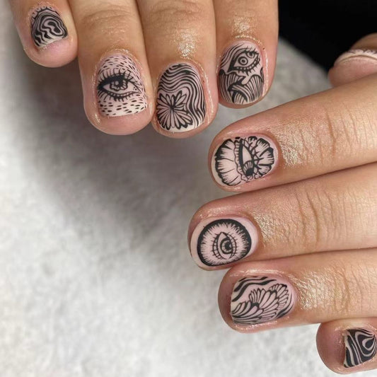 Mystic Mandala Short Round Beige Press On Nails with Black Intricate Line Art Designs