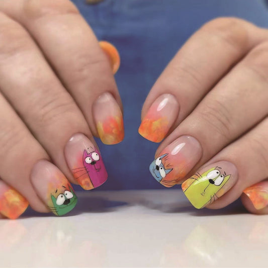 Cartoon Adventure Medium Square Multicolor Press On Nail Set with Playful Character Artwork