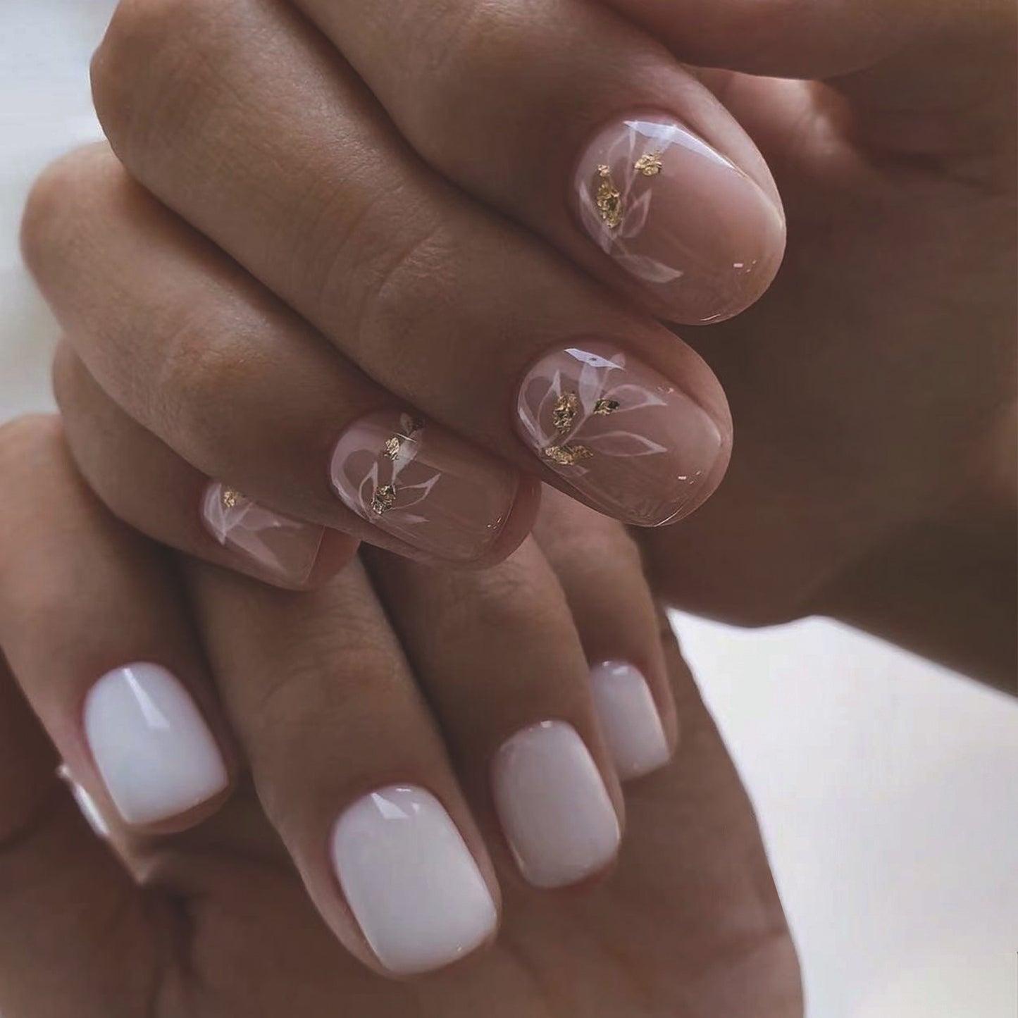 Elegant Bridal Short Squoval Beige Press On Nail Set with White Accents and Gold Floral Embellishments