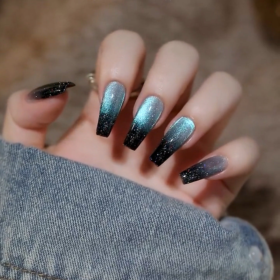 Dark Venus Medium Coffin Blue Glitter Press On Nails