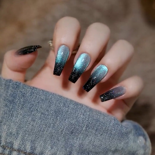 Dark Venus Medium Coffin Blue Glitter Press On Nails