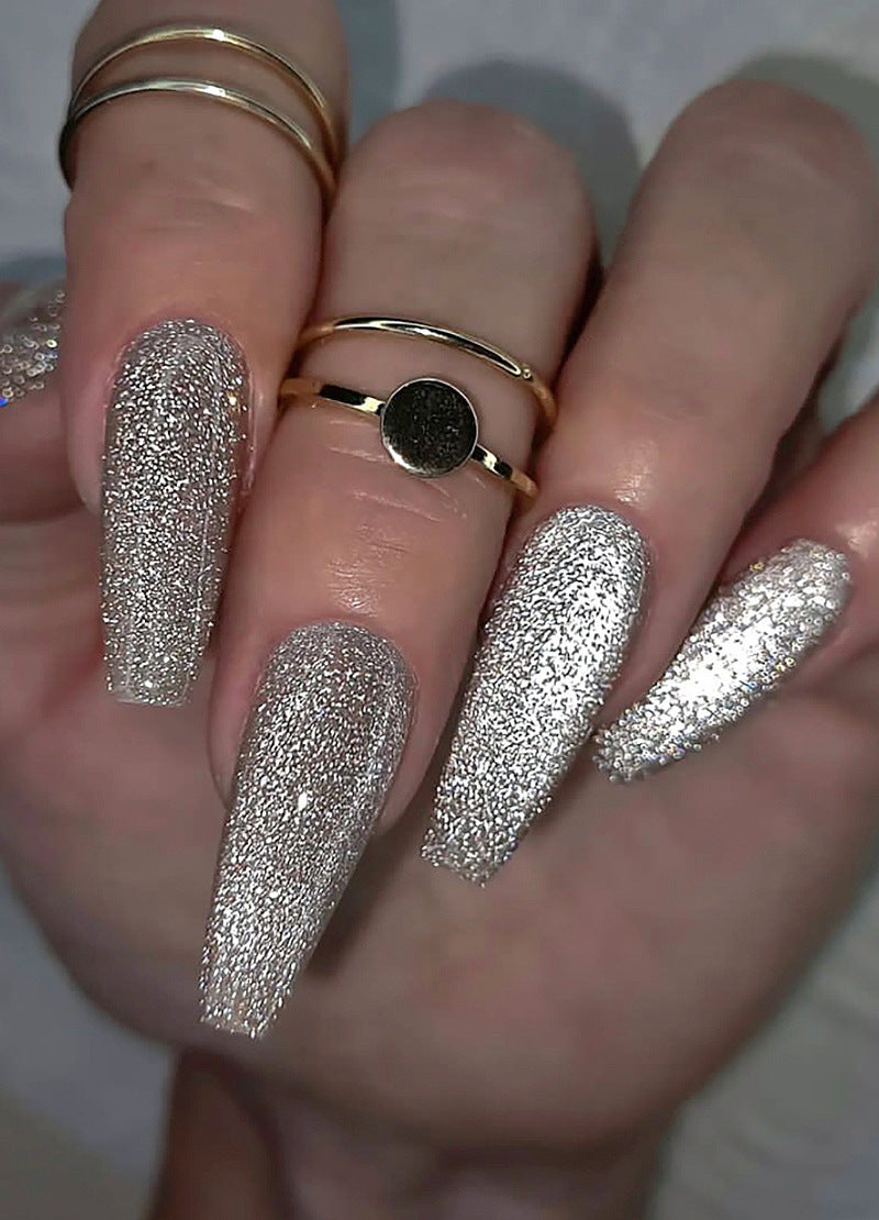 Pop Up In The Day Long Coffin Silver Glam Press On Nails