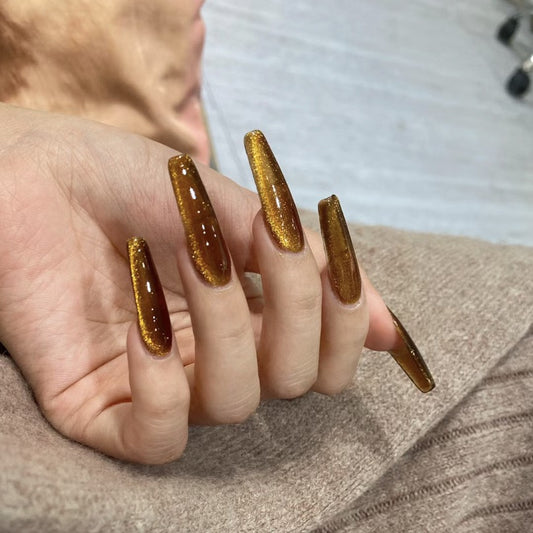 Be Right Back Cat Eye Long Coffin Gold Glitter Press On Nails