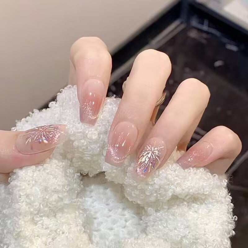 Crystal Frost Medium Coffin Clear Press-On Nails with Sparkling Snowflake Accents