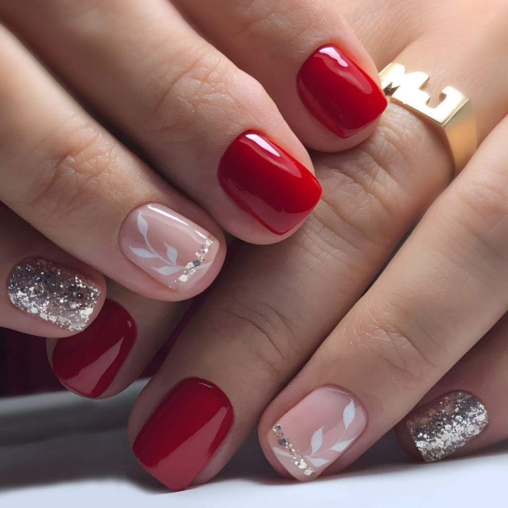 Classic Elegance Short Square Red Press-On Nails with Glittered Accents and White Floral Design