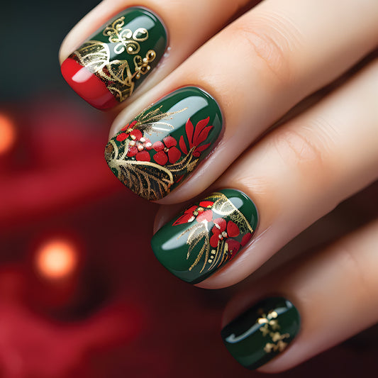 Yuletide Festive Medium Squoval Deep Green Press-On Nails with Red Floral Art and Golden Accents