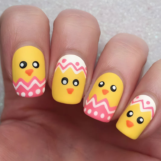 Springtime Celebration Short Square Yellow and White Chick Design Press On Nail Set