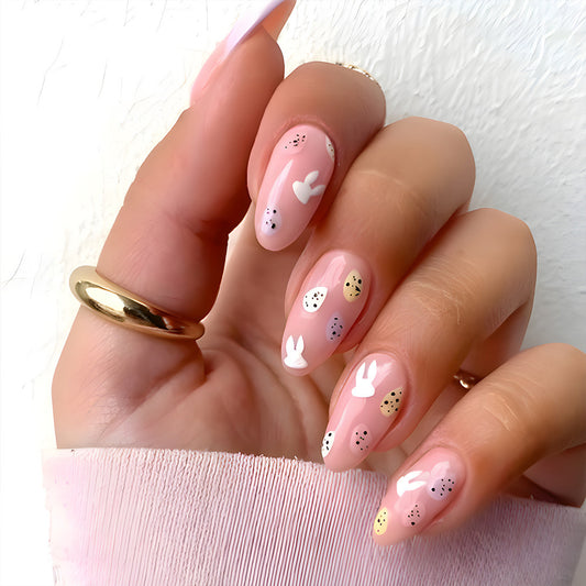 Easter Bunny Medium Almond Pink Press On Nail Set with White Rabbit and Polka Dot Accents