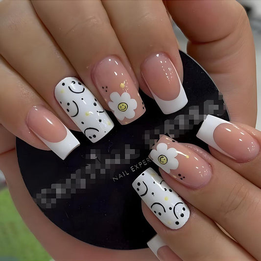 Smiley Daisy Medium Square White Cute Press On Nails