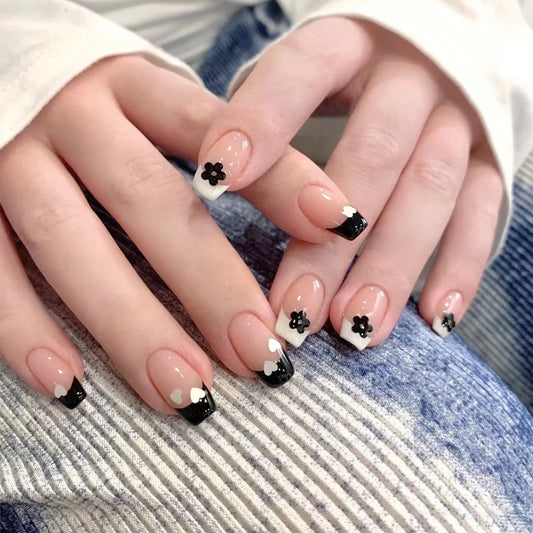 Ever Changing Medium Square Black Floral Press On Nails