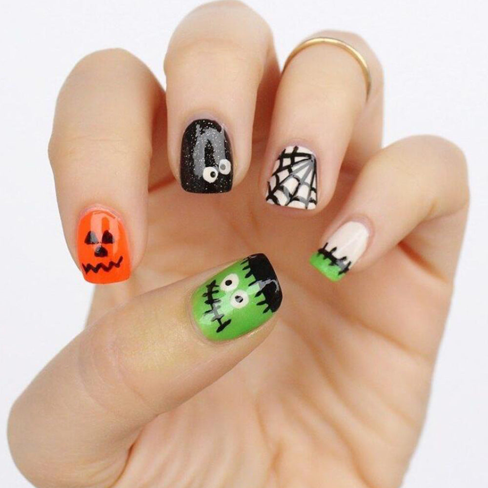 Frankenstein Short Squoval Multicolor Halloween Press On Nails