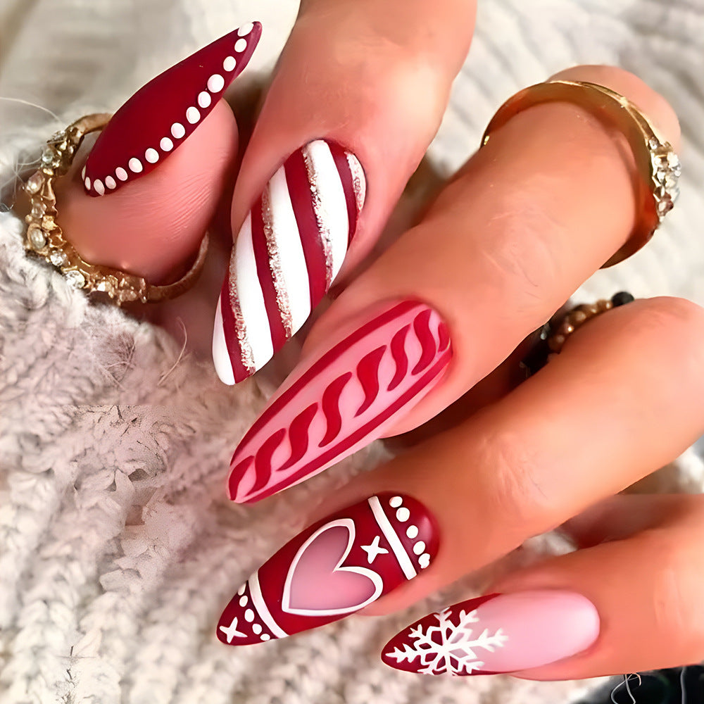 Fun Wrapping Paper Long Almond Red Holiday Press On Nails