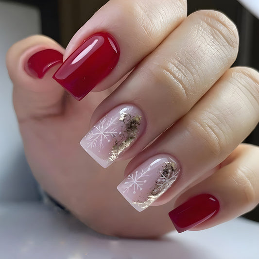 Seeing Reindeer Medium Square Red Holiday Press On Nails