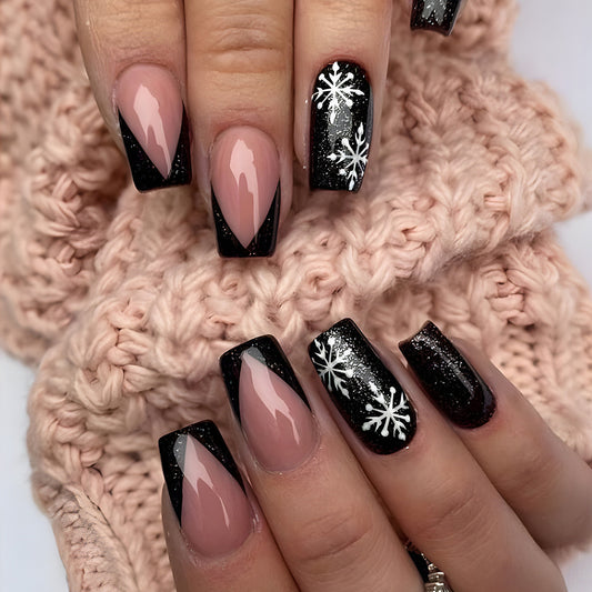 After A Snowstorm Medium Coffin Black Winter Press On Nails