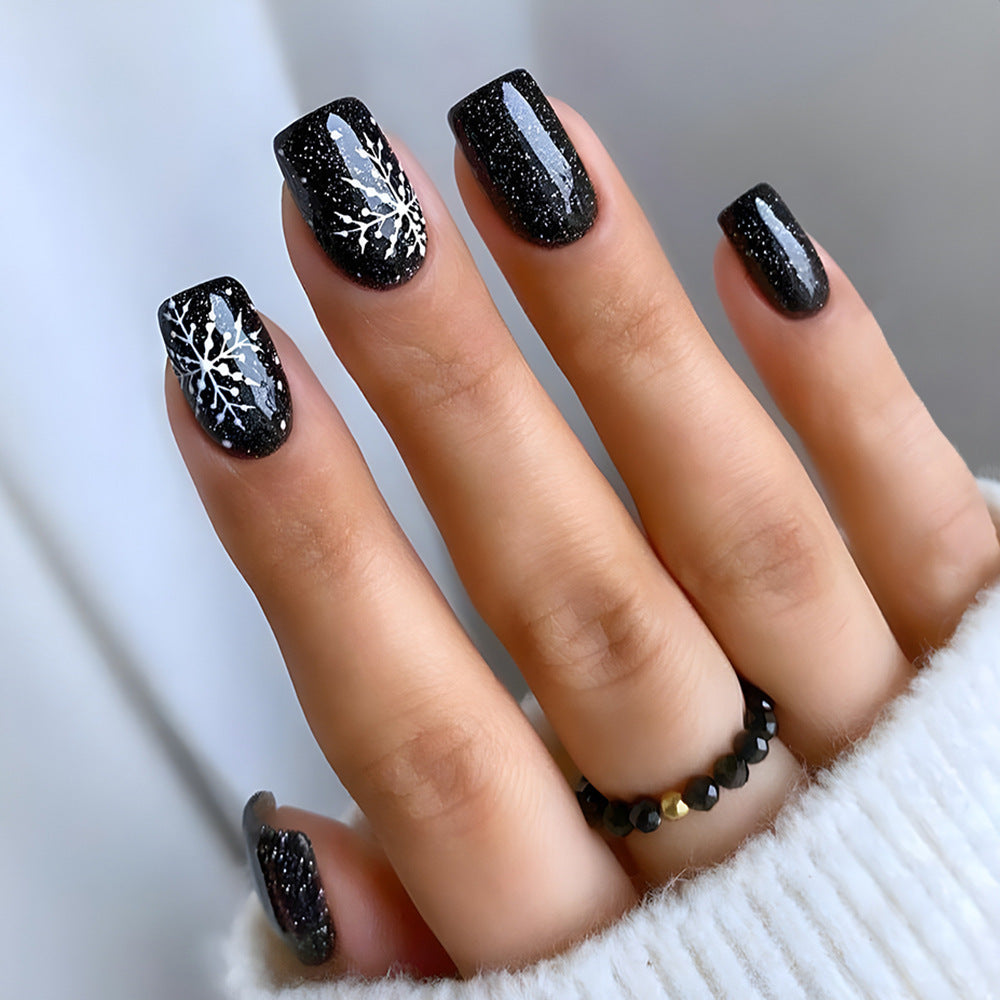 Dark Snowflake Medium Coffin Black Winter Press On Nails