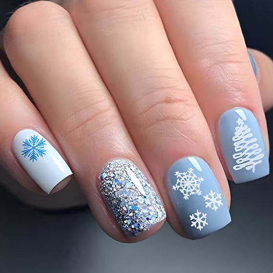 Winter Decorations Medium Square Blue Holiday Press On Nails