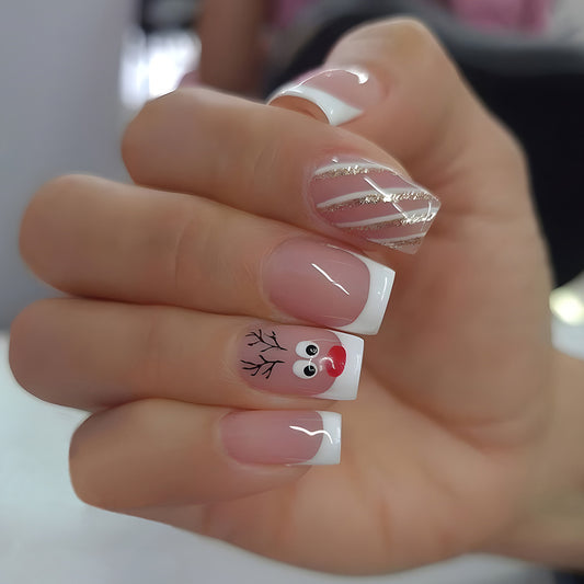 Cute Red Nose Medium Square White Holiday Press On Nails