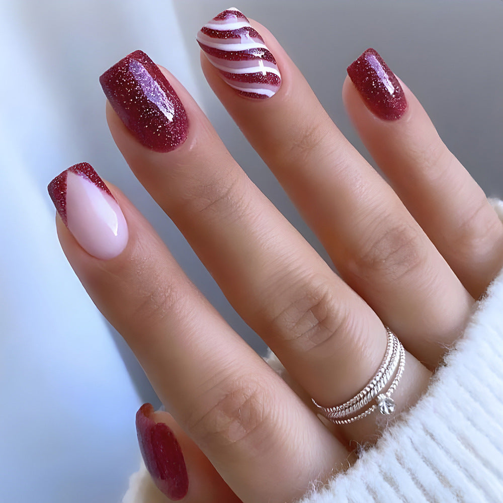 Swirling Candy Medium Square Red Winter Press On Nails