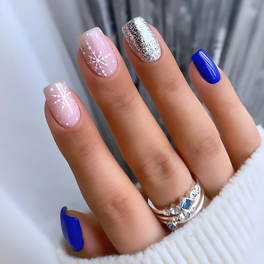 Snowflakes And Glitter Medium Square Blue Winter Press On Nails