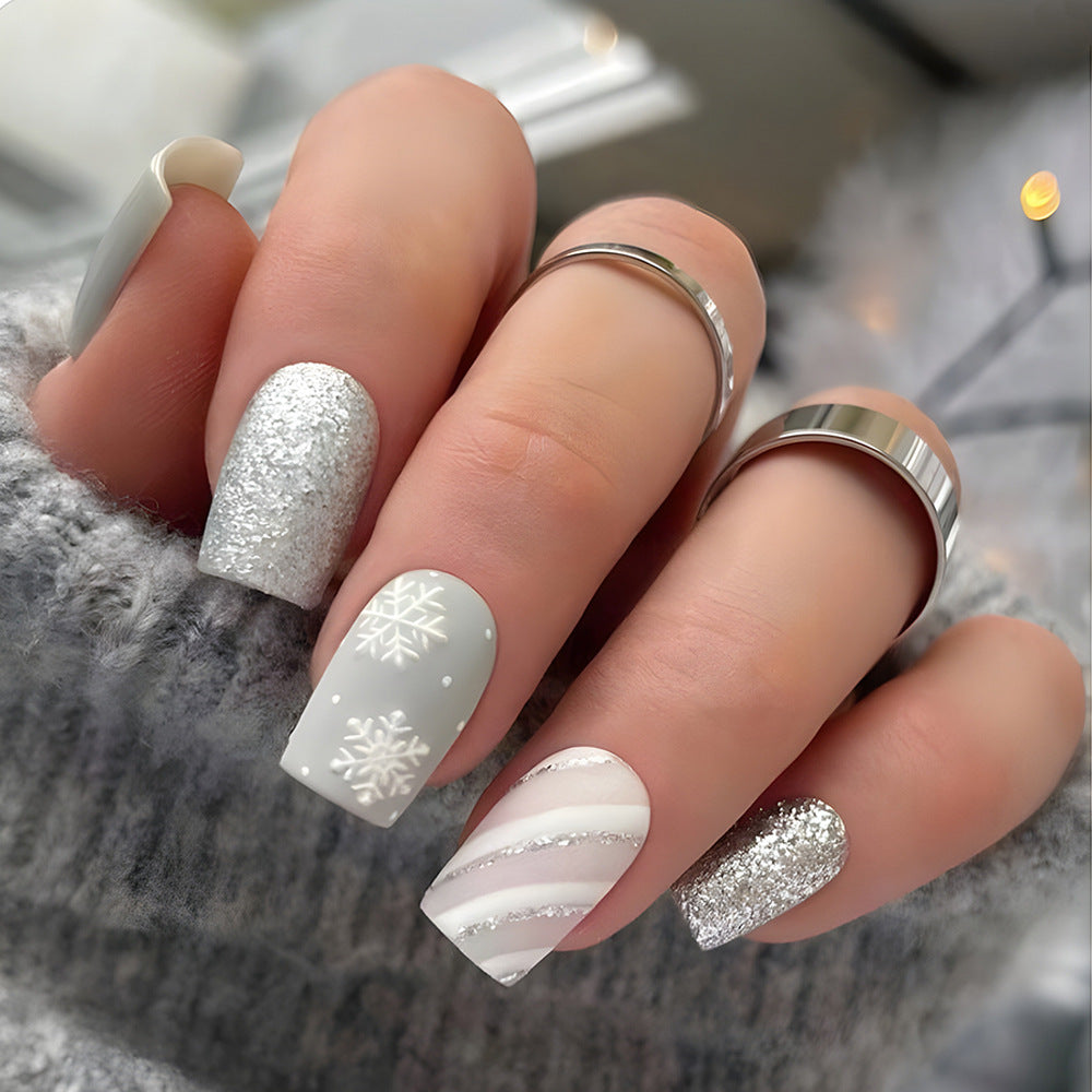 Snowplow Medium Square Gray Winter Press On Nails