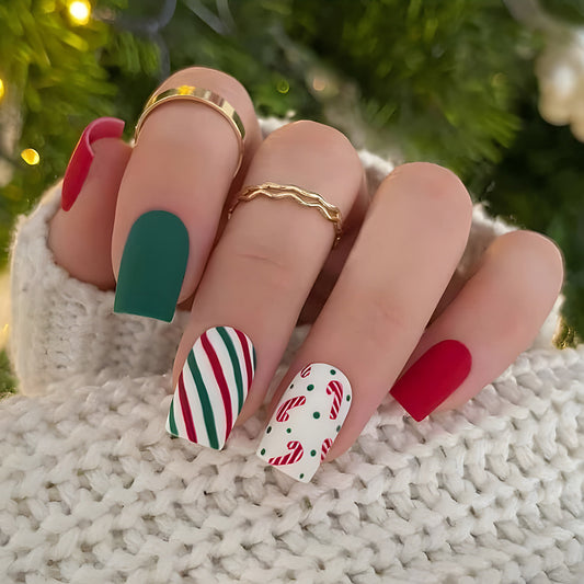 Hanging Candy Canes Medium Square Green Holiday Press On Nails