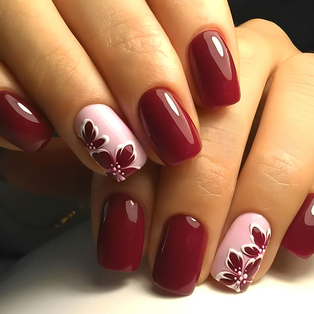 Floral Fantasy Short Square Deep Burgundy and Soft Pink Press-On Nails with Delicate Petal Artwork