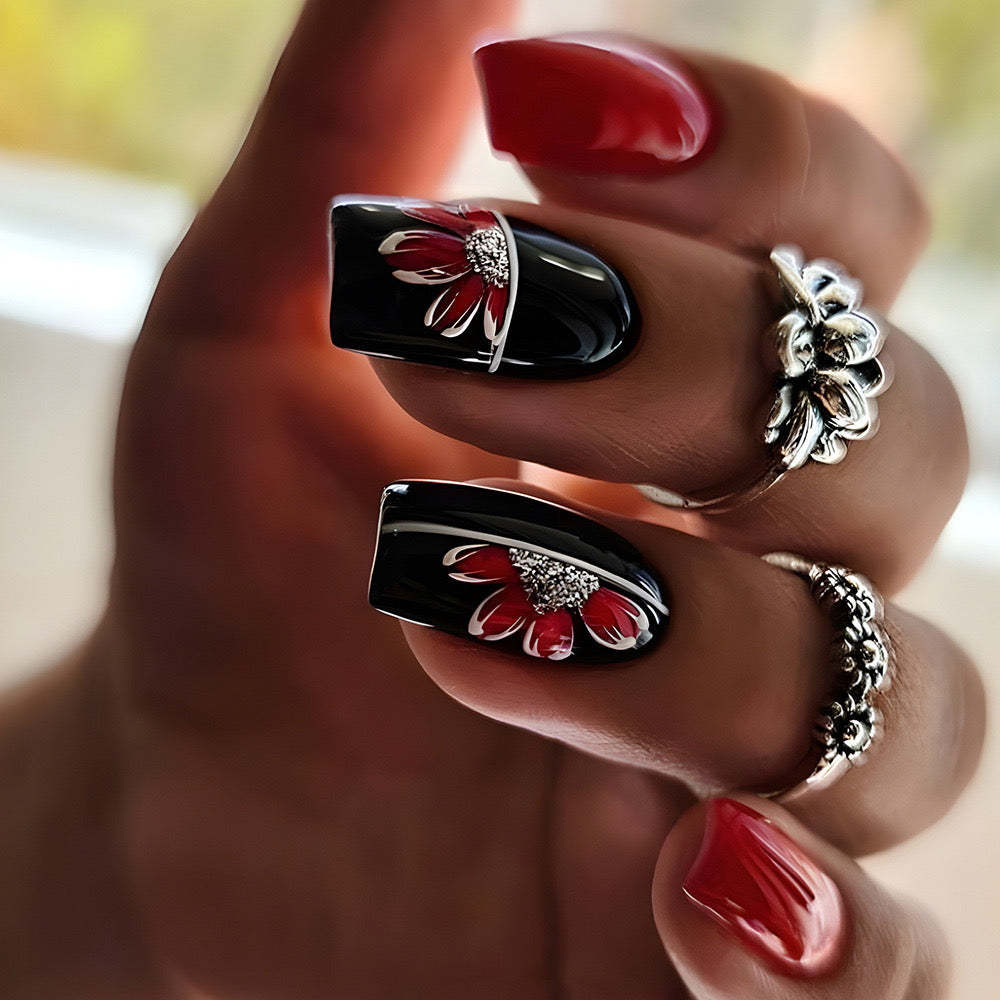 Evening Elegance Medium Coffin Black and Red Press On Nails with Floral Rhinestone Accents