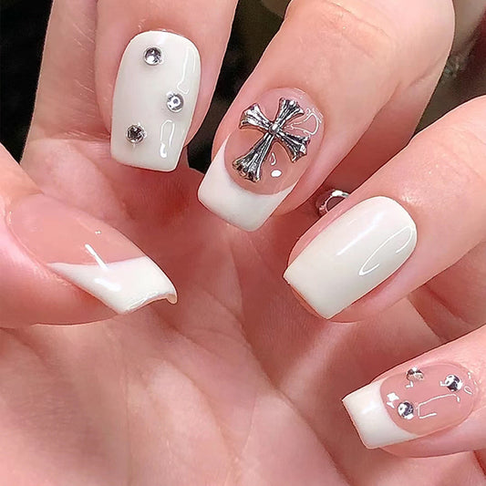 Sacred Shine Medium Square White Press On Nails with Silver Cross and Rhinestone Embellishments