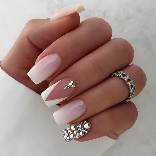 Thinking Now Medium Square White Studded Press On Nails