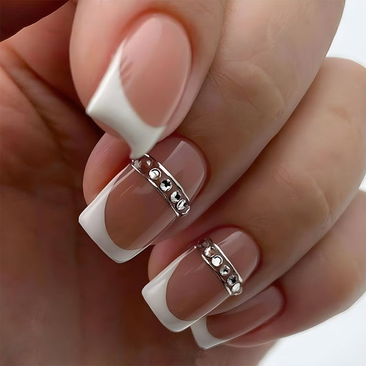 Lookin Good Short Square White Studded Press On Nails