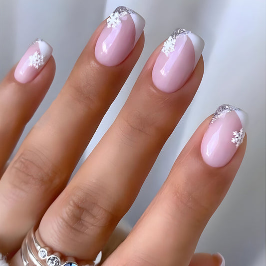 Individual Snowflakes Medium Square Pink Winter Press On Nails