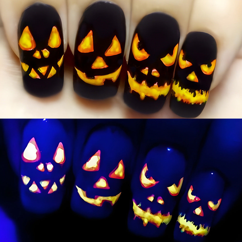 Glow In The Dark Jack O Lantern Medium Squoval Black Halloween Press On Nails