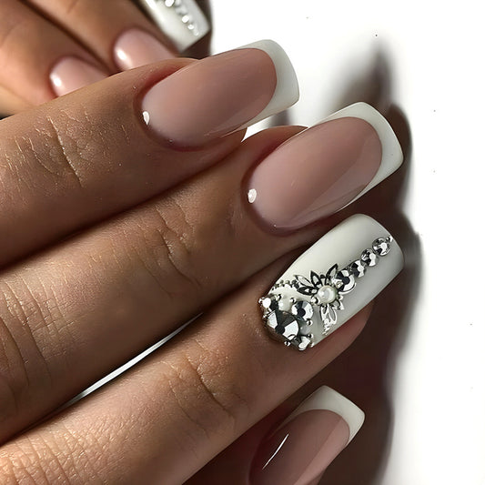 Elegant Charm Medium Square French Tip Press-On Nails with Floral Rhinestone Embellishments