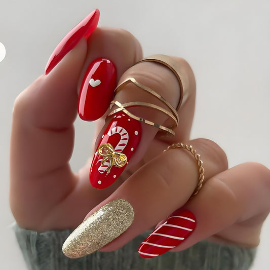 The Candy Cane Bow Medium Oval Red Holiday Press On Nails