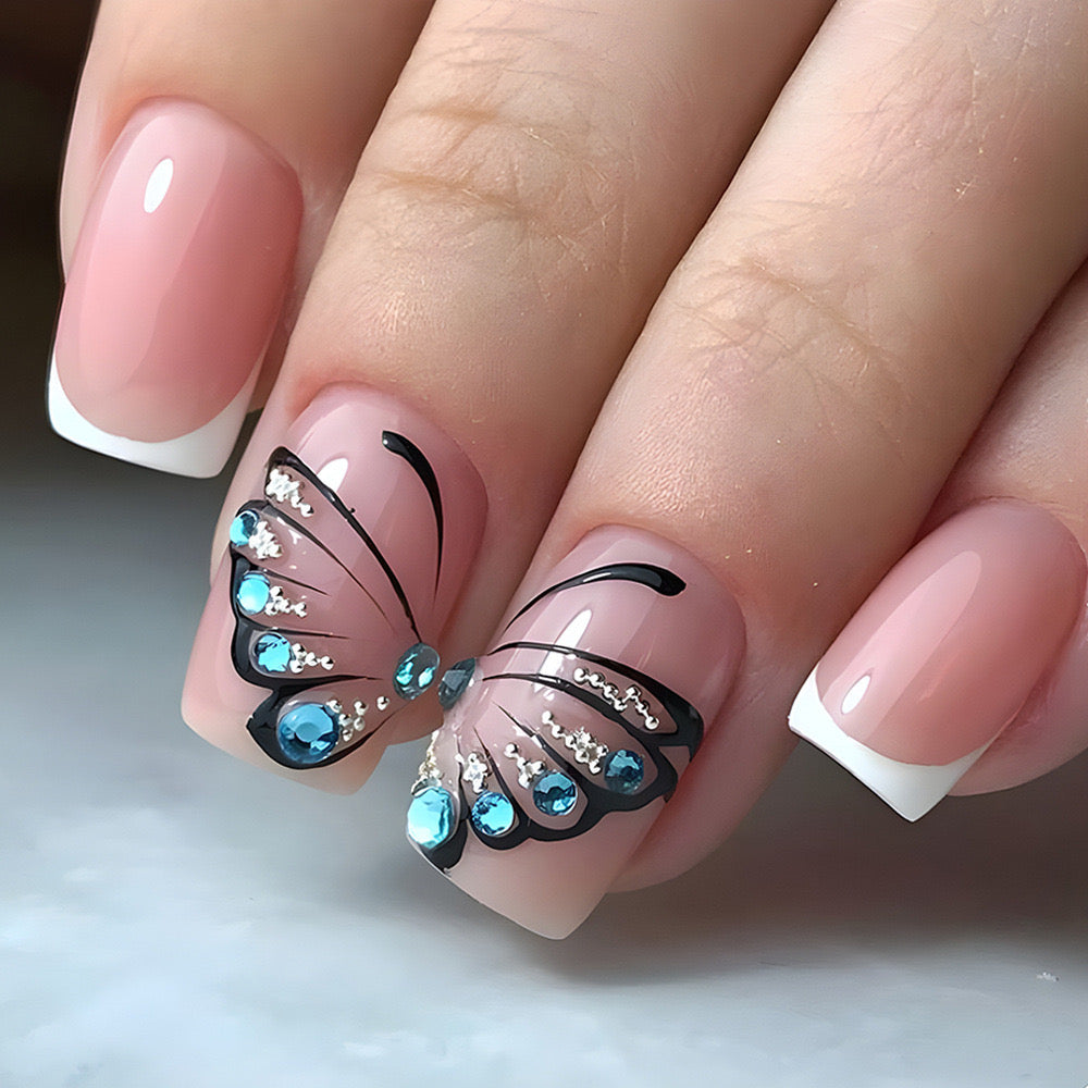 Enchanted Medium Square Blush Pink Press On Nails with Butterfly Wing Detail and Rhinestone Embellishments