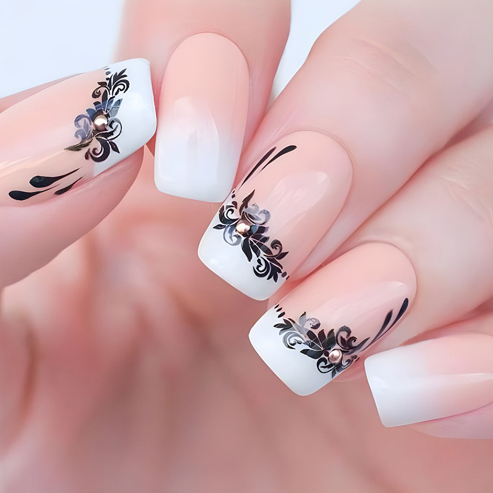 Classic Floral Elegance Medium Length Coffin Press-On Nails with Pink to White Ombre and Black Floral Accents