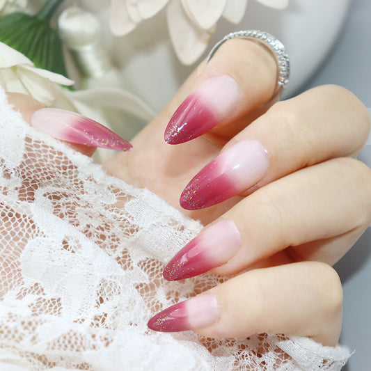 Elegant Ombre Enchantment Long Almond Pink Gradient Press On Nail Set with Gold Flakes