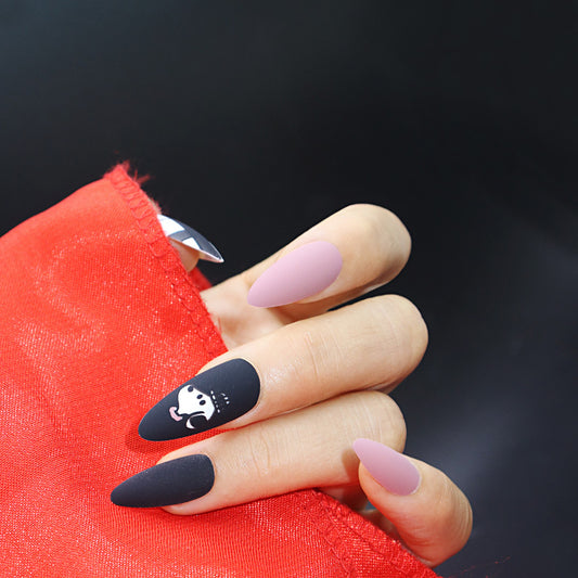 Panda Charm Long Almond Press-On Nail Set in Black and Pink with Matte Finish and Adorable Animal Accents