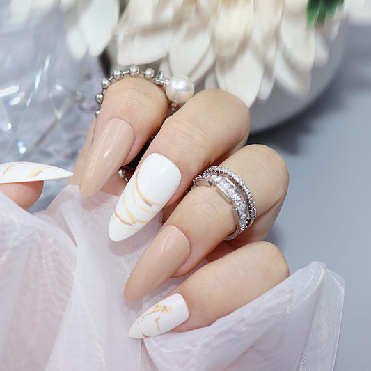 Bridal Elegance Long Almond-Shaped Beige and White Press On Nails with Golden Marble Accents