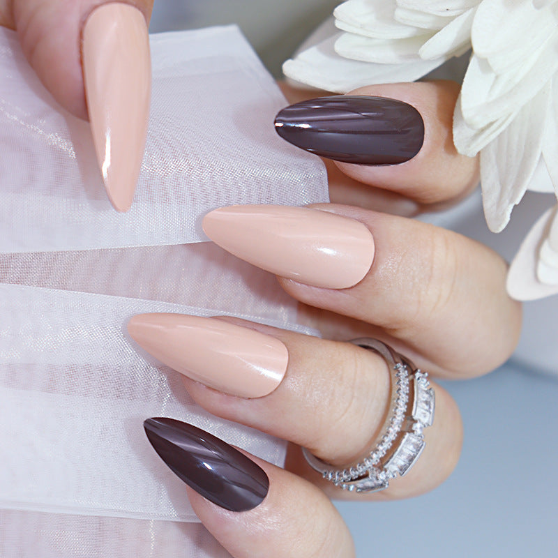 Elegant Evening Long Stiletto Two-tone Beige and Espresso Press On Nail Set with Glossy Finish