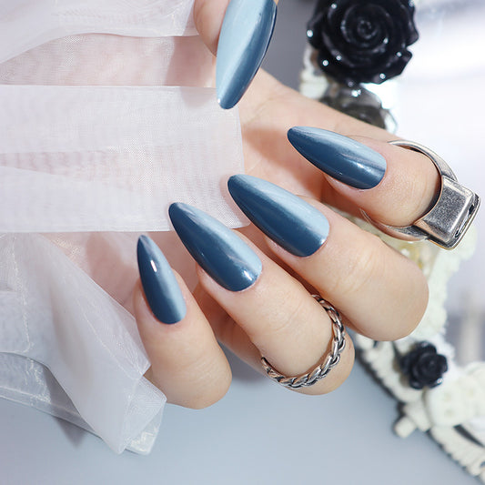 Midnight Elegance Extra Long Almond Slate Blue Press On Nails with Glossy Finish