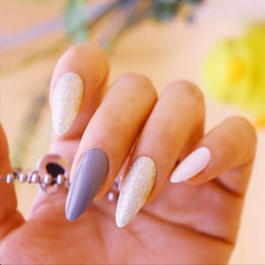 Enchanted Elegance Extra Long Almond Shaped Press On Nail Set in Grey and White with Glitter Accents