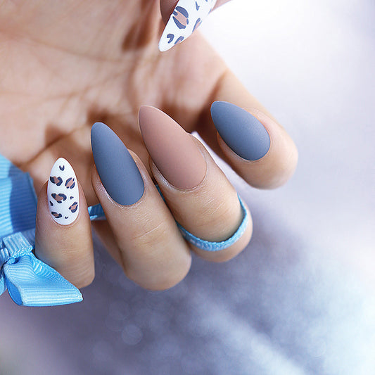 Safari Adventure Long Matte Almond Blue and Beige Press On Nail Set with Leopard Print Accent