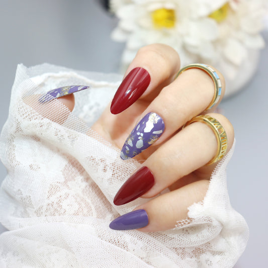 Elegant Floral Fantasy Extra-Long Almond Burgundy and Lilac Press On Nail Set with Gold Accents