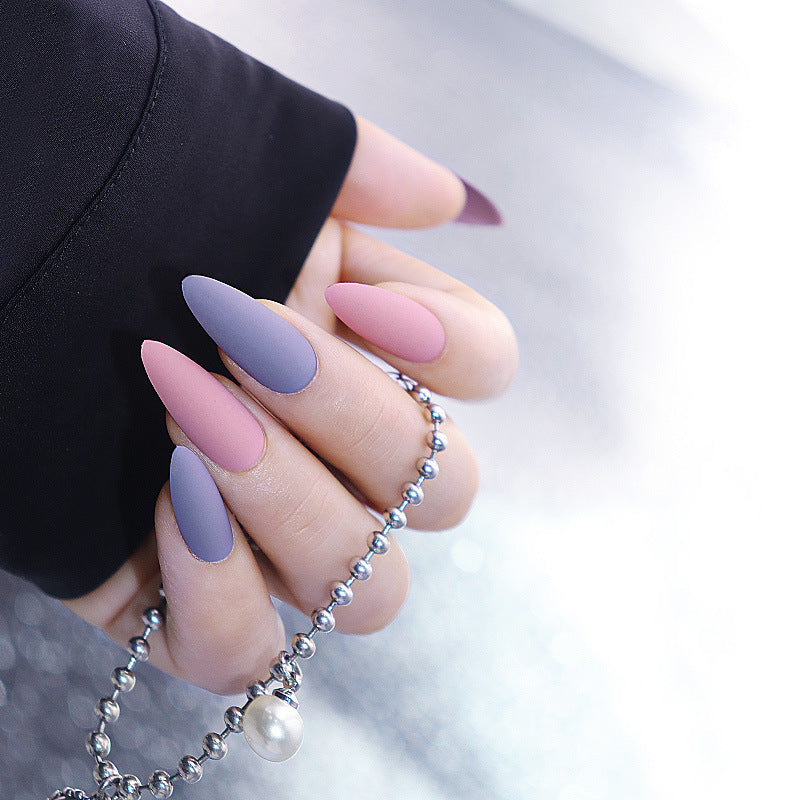 Elegant Ombre Matte Finish Long Almond Shape Press On Nail Set in Lavender and Pink Shades with Pearl Accent