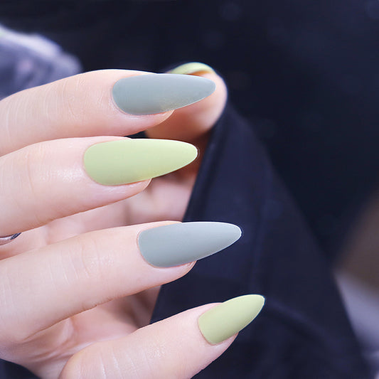 Urban Chic Long Almond-Shaped Ombre Press-On Nail Set in Shades of Gray and Olive with Matte Finish