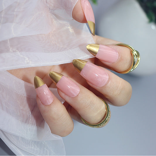 Elegant Affair Long Almond Pink and Gold Duo-Tone Press On Nail Set with Metallic Accents