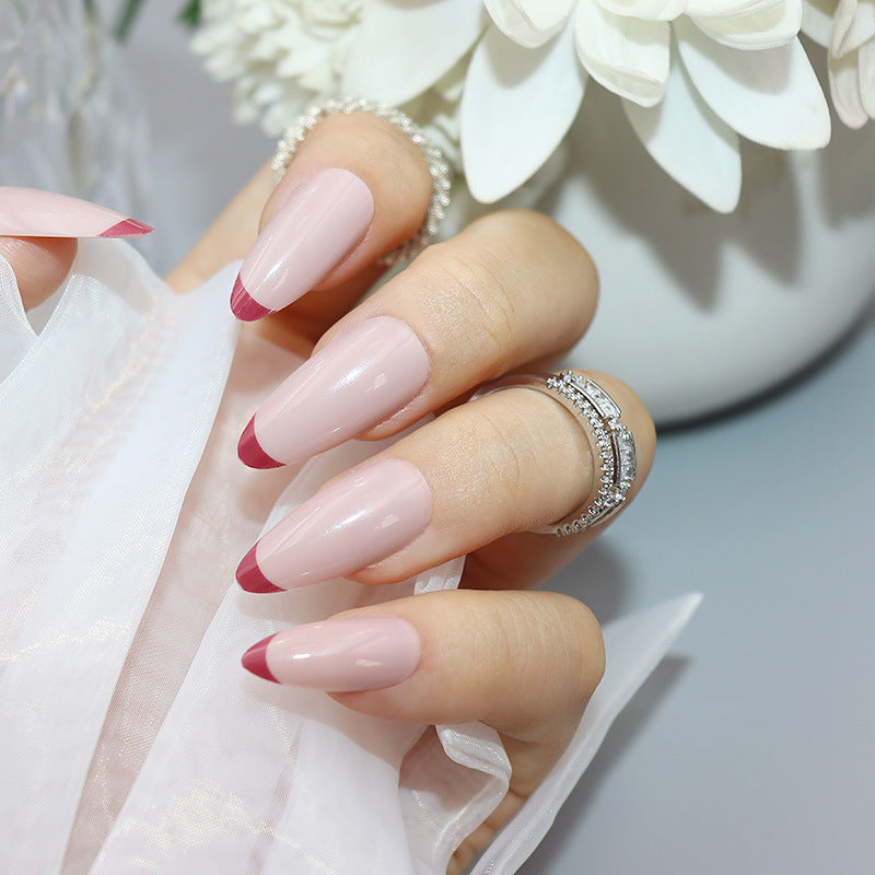 Elegant SoirŽe Long Almond-Shape Beige Press on Nails with Burgundy Accents