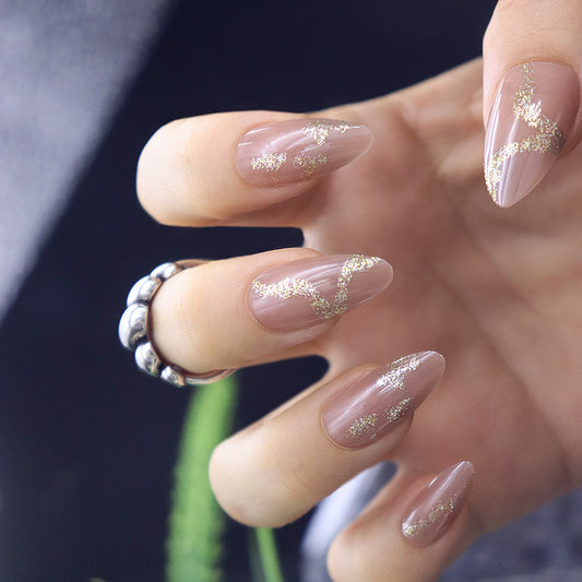 Elegant Evening Long Almond Taupe Press On Nails with Gold Glitter Accents