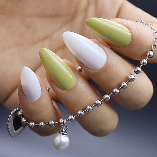 Elegant Oasis Long Almond Shape Press On Nails in Olive Green and White Ombre Finish with Glossy Look